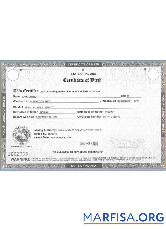 Printable USA Indiana certificate of birth download for verification